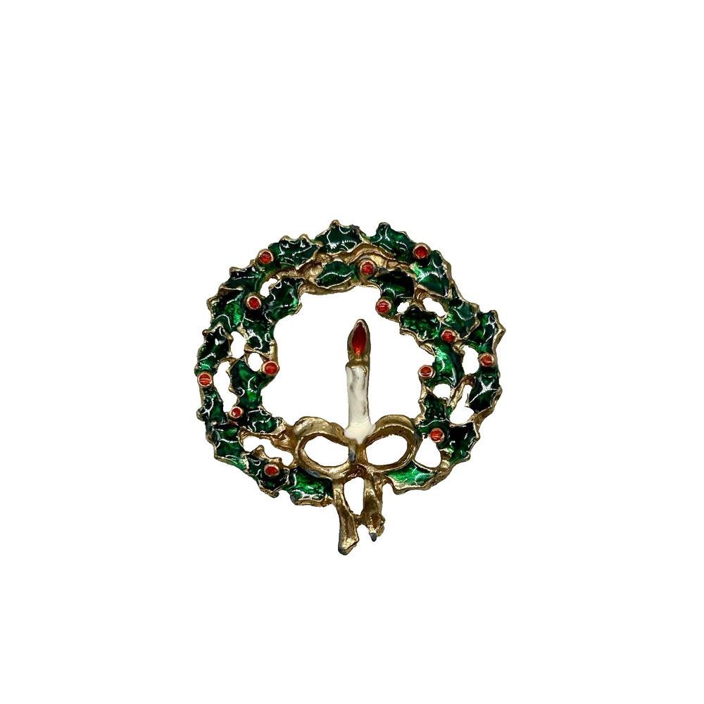 Vintage Christmas Wreath Brooch Candle Bow Holly Red Green White Enamel